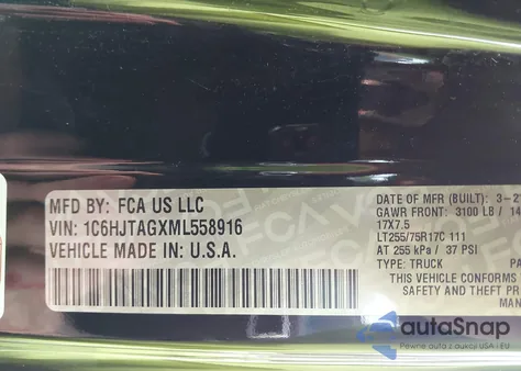 2021 Jeep Gladiator Willys 4X4 из США, поврежденный, VIN 1C6HJTAGXML558916